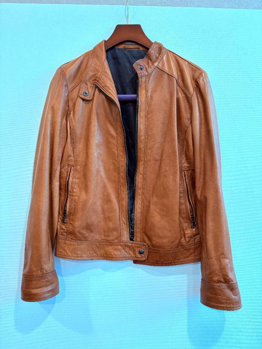 Italian Leather Moto Jacket Women’s 42 (US 6) Cognac Brown Made in Italy